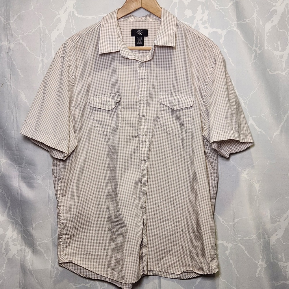 Calvin Klein Button Up Short Sleeve Shirt Men's XL Tan Gingham Plaid 100% Cotton